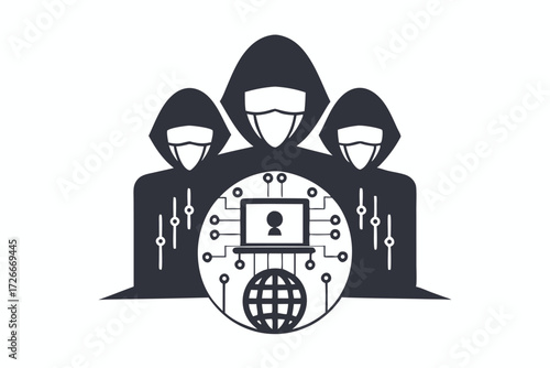Three anonymous figures stand behind a laptop displaying a biohazard symbol and falling data