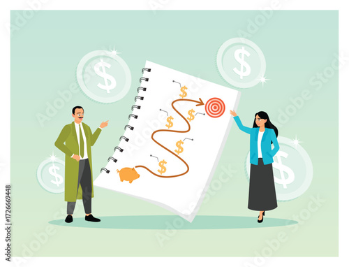 Financial planning concept. Two people Budget or expense analysis to reach financial goal.