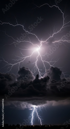 Dramatic lightning storm with vibrant bolts over dark clouds illuminating the night sky showcasing nature's electric power and beauty