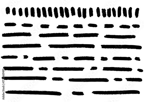 Abstract brushstrokes forming a repeating pattern of horizontal lines and short vertical dashes on a white background, representing a minimalist design