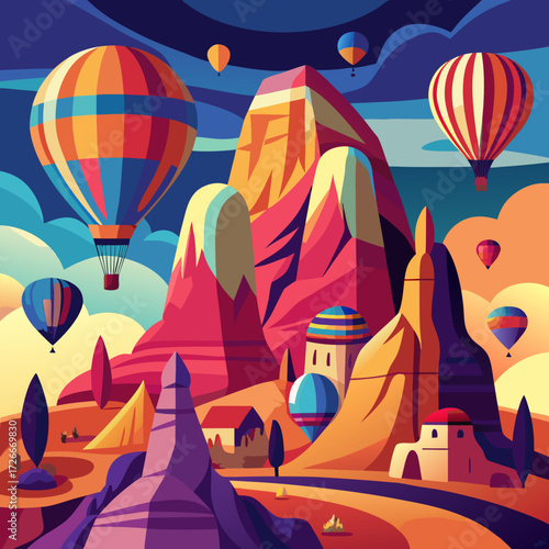 Hot Air Balloons Over Cappadocia – Dynamic Vector Travel Illustration