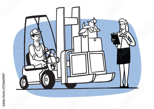 A salesgirl keeps track of the merchandise in the warehouse. A warehouse forklift, a loader, and an administrator work with boxes and merchandise and carry out their logistics.