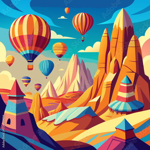 Hot Air Balloons Over Cappadocia – Dynamic Vector Travel Illustration