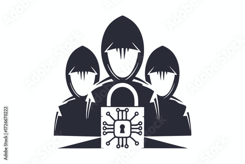 Three anonymous figures wearing hoods work around a laptop with circuit connections above