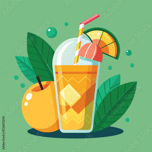 Freshly squeezed juice drink with fruit toppings