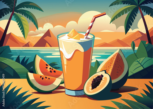 Tropical fruit smoothie on a beach scene