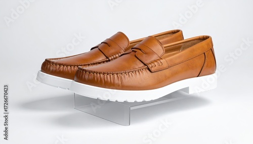 Light brown leather loafers on clear display stands
