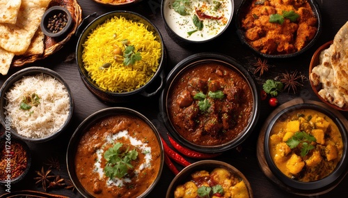 Diverse Indian dishes, bowls of curry, rice, and naan