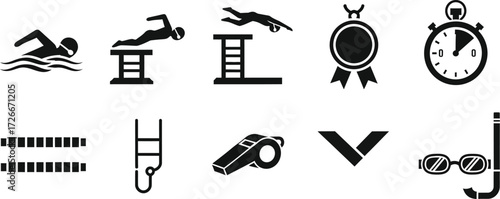 Swimming icons swimmer, diving platform, medal, stopwatch, lane, ladder, whistle, goggles, and snorkel