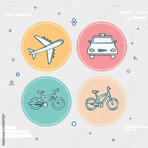 Set of four icons representing different modes of transportation airplane, taxi, and two bicycles, depicted in a circular, flat design style with colorful backgrounds