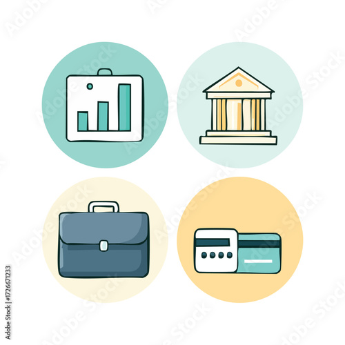 Financial Icons Business Growth, Banking, Investment, and Secure Transactions