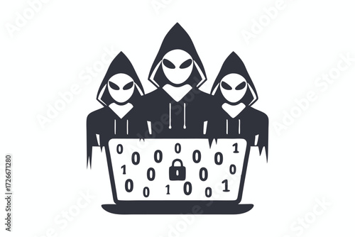Three anonymous hackers wearing hoodies are operating computers with a global network displayed above them