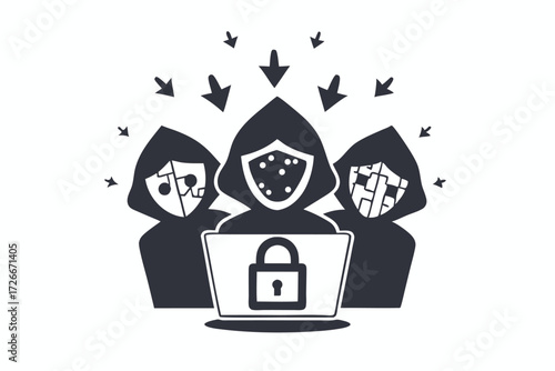 Three determined hooded figures oversee a laptop displaying global networks in monochrome style