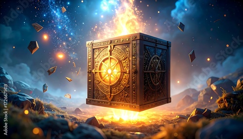 Mystical Cube Floating Above Landscape with Ornate Design
