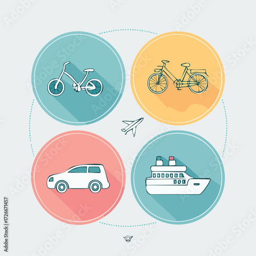 Set of four icons representing different modes of transportation bicycle, car, airplane, and ship, presented in a flat design style with circular backgrounds and shadows