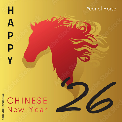 Design template for festive illustrations, greeting cards and banners. Chinese New Year 2026 Year of the Horse. Golden and red fire. minimalistic trendy
