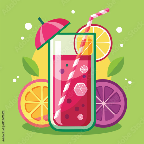 Colorful fruit drink in a glass with a straw