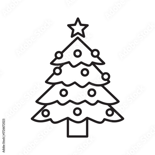 A black and white line drawing of a Christmas tree with a symmetrical layout.