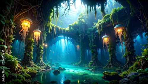 Mystical Forest Scene with Glowing Lights and Tranquil Waters