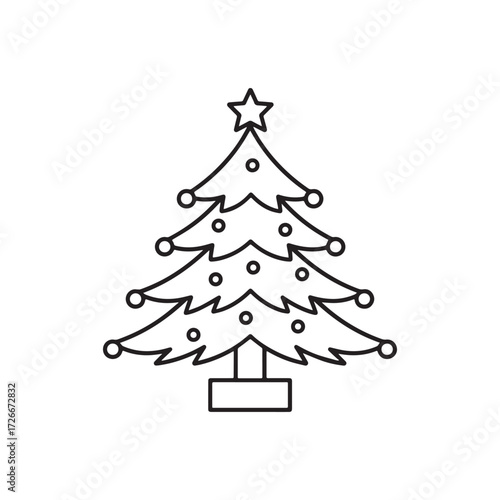 A black and white line drawing of a Christmas tree with a symmetrical layout.