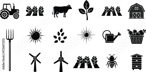 Set of agriculture and farming elements, including tractor, cow, crops, barn and windmill 
