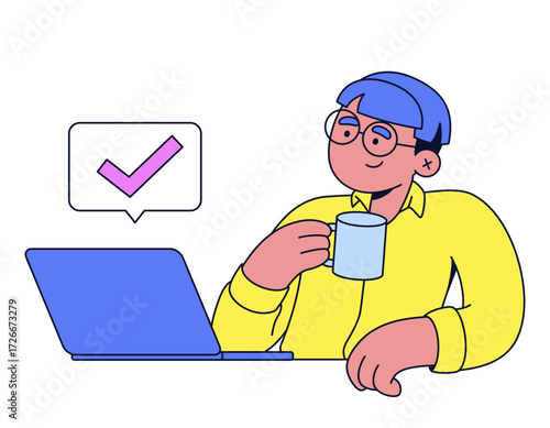 Man completed task working on laptop