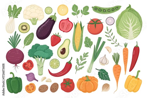 Collection of vegetables and fruits including broccoli, carrots, tomatoes