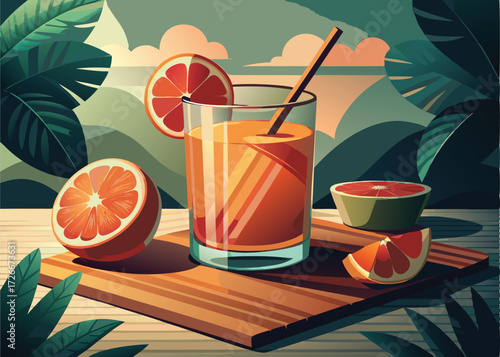 Glass of orange juice with grapefruit slices on a wooden surface