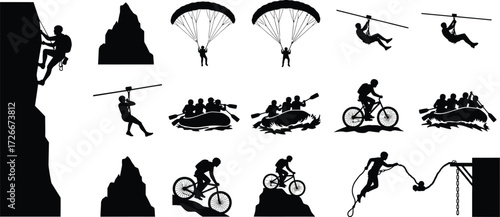 Collection of extreme sport silhouettes, including climbing, paragliding, rafting, mountain biking, and rope swing