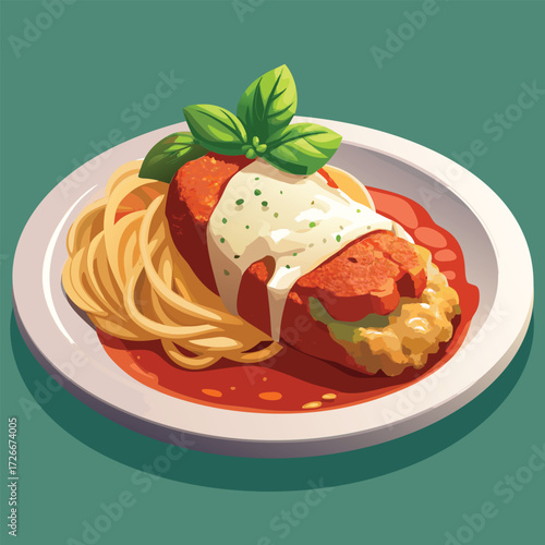 Plate of Italian Chicken Parmesan with Spaghetti