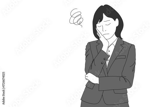 頬に手を当てて悩む 考え込むスーツ姿の女性OLのイラスト 上半身正面 モノクロ