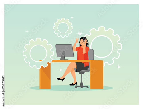Busy Office Worker At Desk With Computer And Gears.