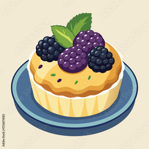 A delicious tart topped with blackberries and mint leaves sits on a blue plate.