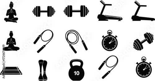 Fitness and exercise equipment icons, including yoga, dumbbells, jump ropes, treadmills, and running shoes