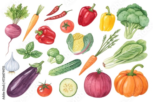Collection of vegetables and fruits including carrots, broccoli, peppers