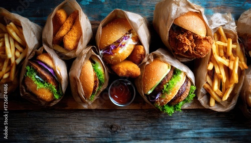 Various burgers, fries, and chicken tenders in brown paper bags on a rustic wooden surface