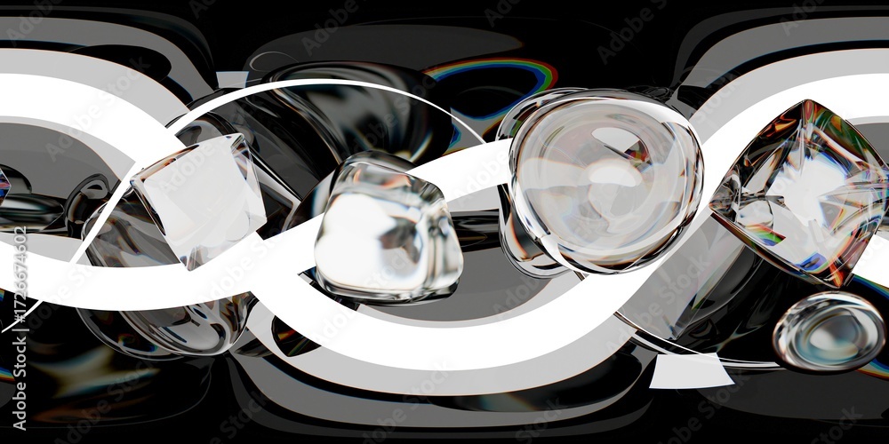 Obraz premium HDRI map with glossy glass shapes, sharp black-white contrast, and reflective surfaces. Ideal for 3D render studio environments, CGI lighting and futuristic compositions.