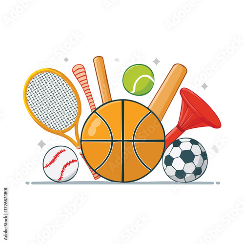 Engaging illustration of diverse sports equipment, including a basketball, soccer ball, tennis racket, baseball, and bat, symbolizing active lifestyle, athletic games, and recreational fun