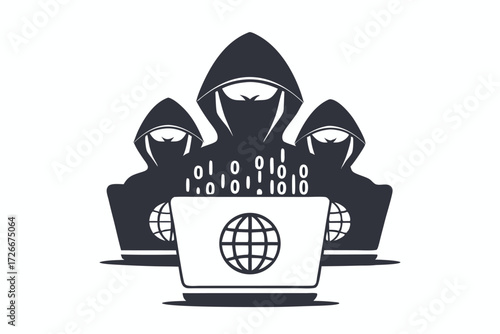 Three hooded figures with robotic faces stand in simple dark form