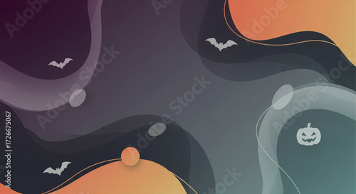 Minimalist dark pastel halloween geometric background with liquid gradient shapes, smooth curves, pumpkin and bat icons, clean futuristic design, elegant creepy cute abstract wallpaper with copy space