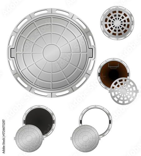 metal sewer pit with a hatch cartoon stock vector illustration isolated on white background