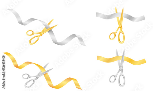 scissors cutting a satin ribbon at an opening or ceremony cartoon stock vector illustration isolated on white background