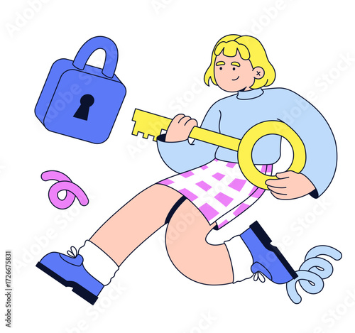 Young woman opening padlock with key