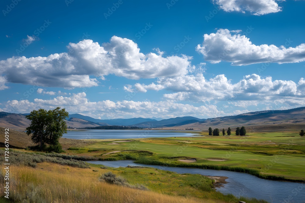 Fototapeta premium Green golf course beside blue lake and mountains green grass
