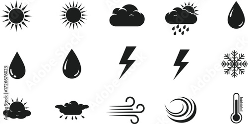 Weather icon set featuring sun, cloud, rain, lightning, wind, and temperature for weather forecast design