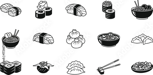 Collection of various asian food icons, including sushi, ramen, and dumplings for restaurant menu design