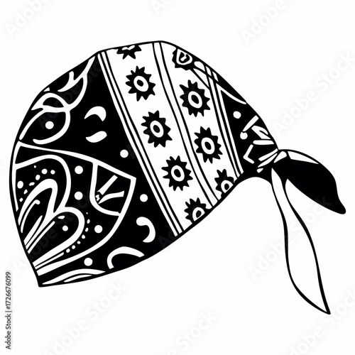 Black and white bandana with paisley design and tied ends  