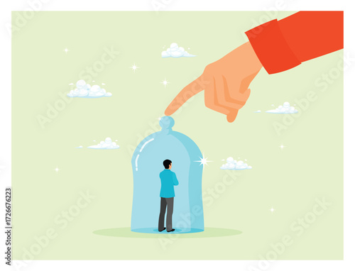 Employee or customer retention concept. Big Hand Reaches Tiny Man Inside Glass Bottle.