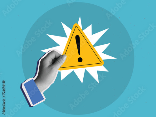 Black and white hand holding a yellow warning sign with Exclamation mark. Modern collage style. Vector illustration