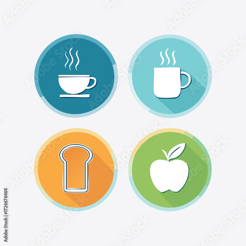 Set of four flat design circular icons representing breakfast food and drinks like coffee, tea, toast, and apple with long shadows